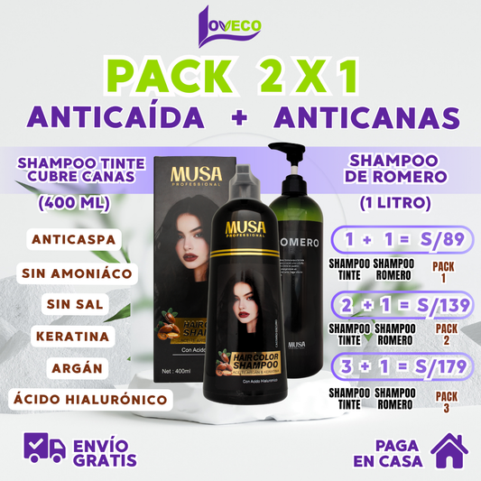 COMBO COLOR + FUERZA (SHAMPOO TINTE CUBRE CANAS 400 ML + SHAMPOO ROMERO 1 LITRO)